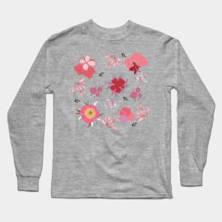 Coral Pink Flower Pattern Long Sleeve T-Shirt